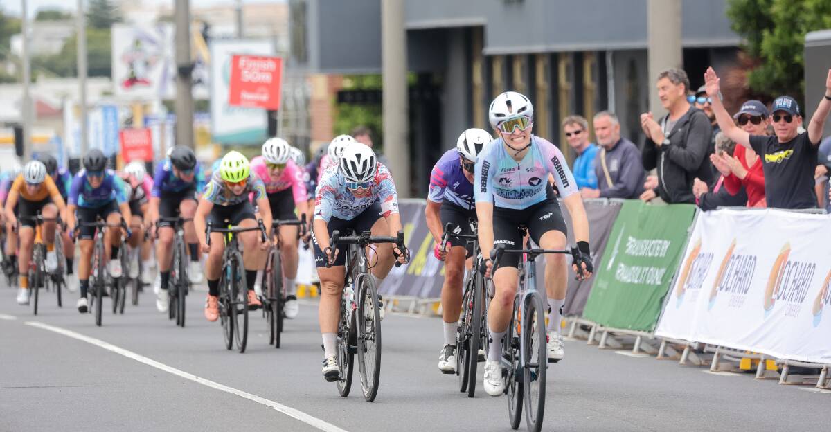 Sophie Edwards crosses the finish line first in the Lochard Energy Warrnambool Women's Classic ahead of Chloe Hosking and Matilda Raynolds. Picture by Anthony Brady