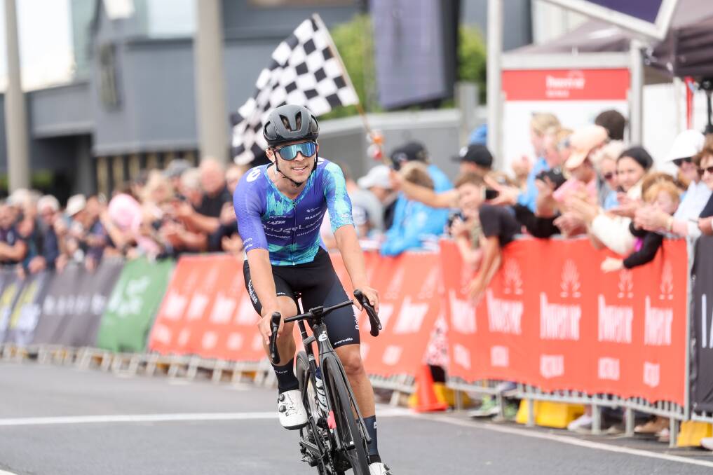 Tristan Saunders crosses the line to win the 107th Melbourne to Warrnambool Cycling Classic. Picture by Anthony Brady