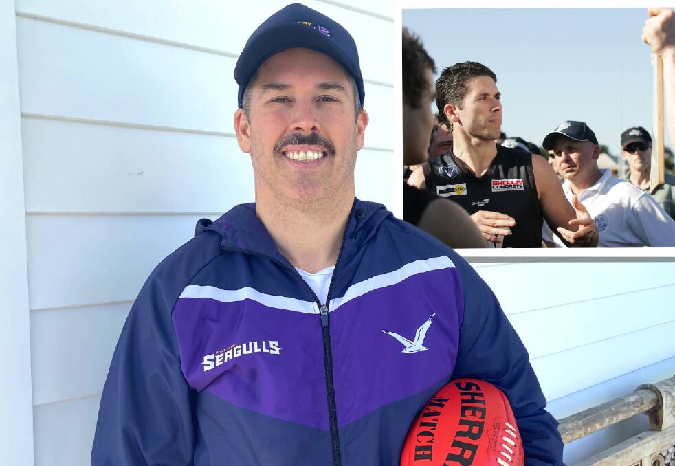 Dustin McCorkell is excited to get stuck into his new senior coaching role at Port Fairy; (inset) McCorkell leading Warrnambool as captain-coach in 2008. Picture supplied.