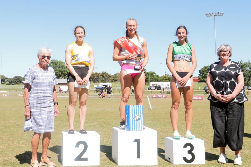 Layla Watson (middle) on the podium after securing the Warrnambool Gift from runners-up Nicole Berridge and Bella Pasquali. Picture by Athony Brady