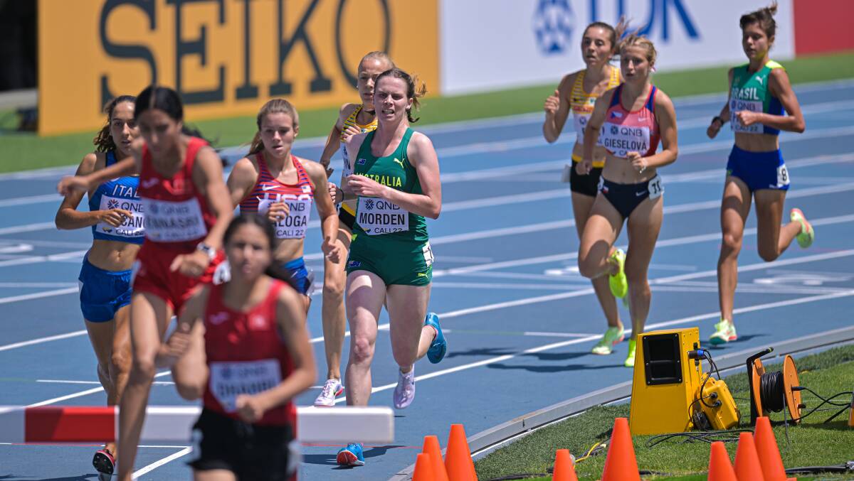 WORLD STAGE: Timboon's Emily Morden competes in the Women's 3000 steeplechase qualifying round on day one of the World Athletics U20 Championships in Cali, Colombia. Picture: Getty Images