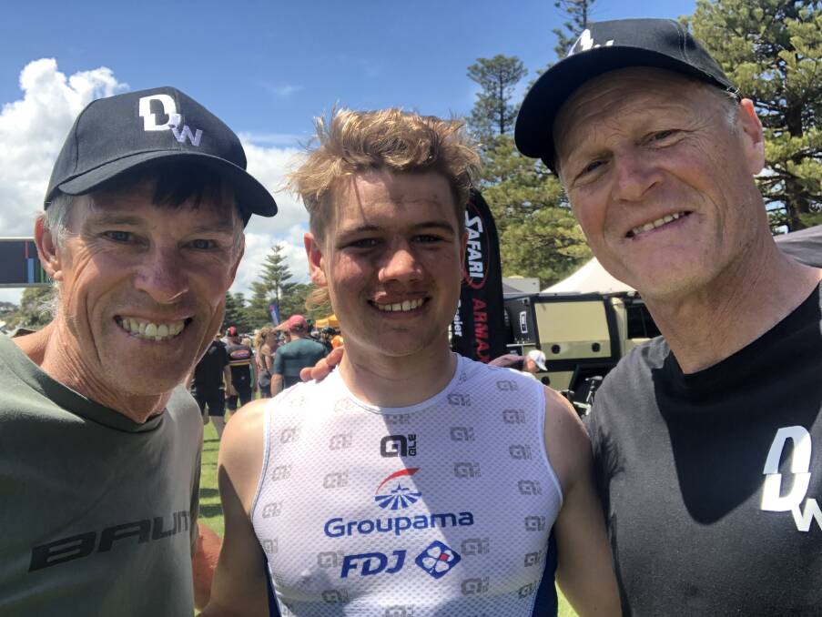 DIrty Warrny race director Phil Anderson, rider Jensen Plowright and Melbourne to Warrnambool commitee chief executive Shane Wilson on Saturday.