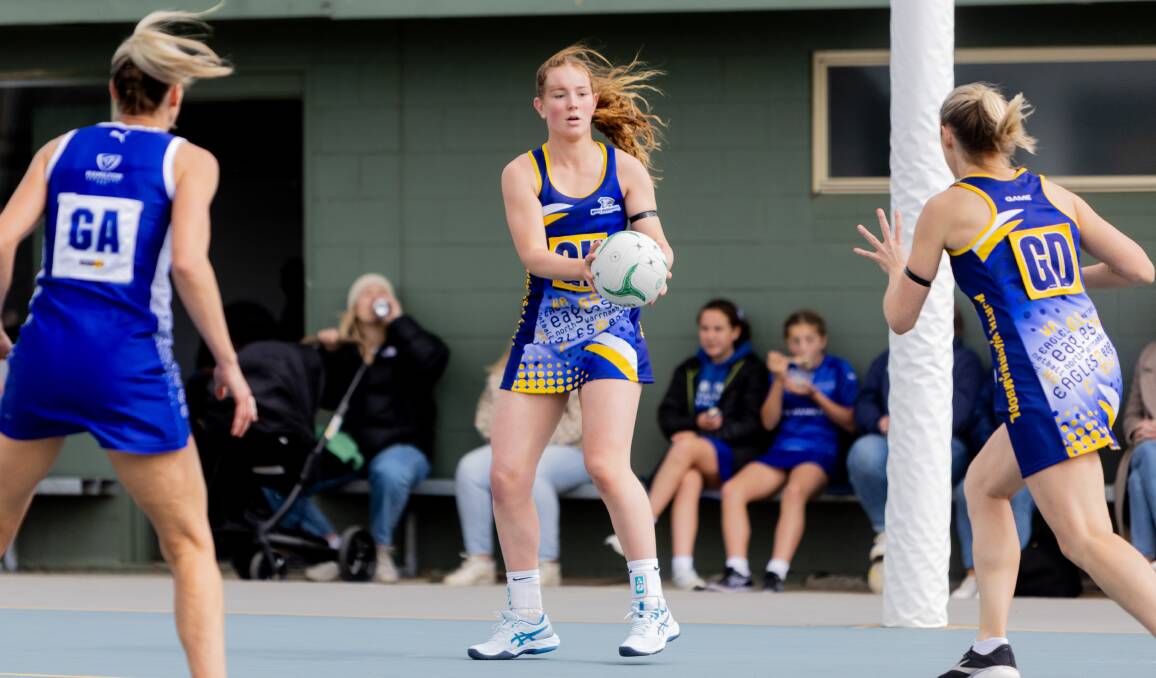 New North Warrnambool Eagles recruit Matilda Sewell works the ball out of defence on Saturday.