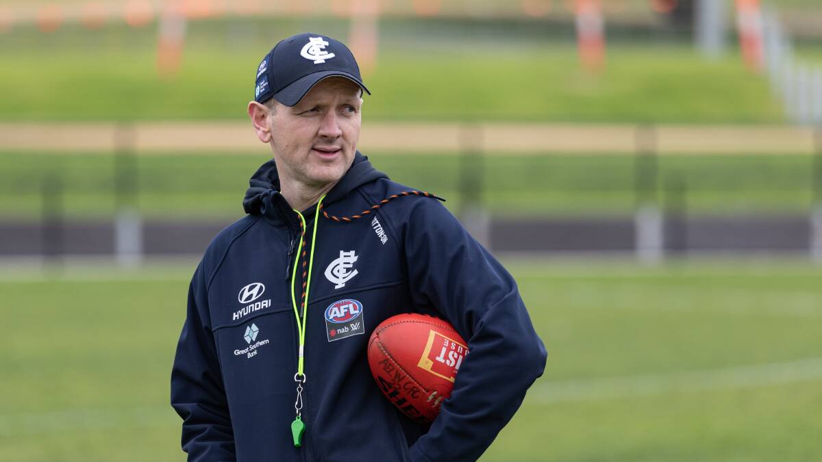 Carlton AFL Women's coach Mat Buck keeps a keen eye on his players during a training session at Reid Oval on Thursday. Picture by Sean McKenna