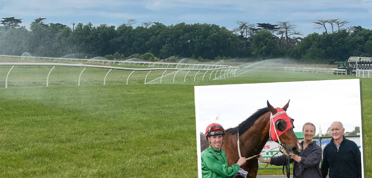 Terang racecourse's watering system in action; (inset) the Harriet Place and Denis Daffy (right) trained Overkill. Inset by Racing Photos