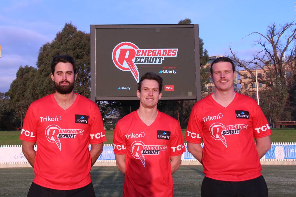 FINALIST: Warrnambool's Mark Murphy (middle) after making the top three of the Renegades Recruit program alongside North Geelong Cricket Club's Alistair McCann and Druids Cricket Club's Nathan Johnson. Picture: Melbourne Renegades