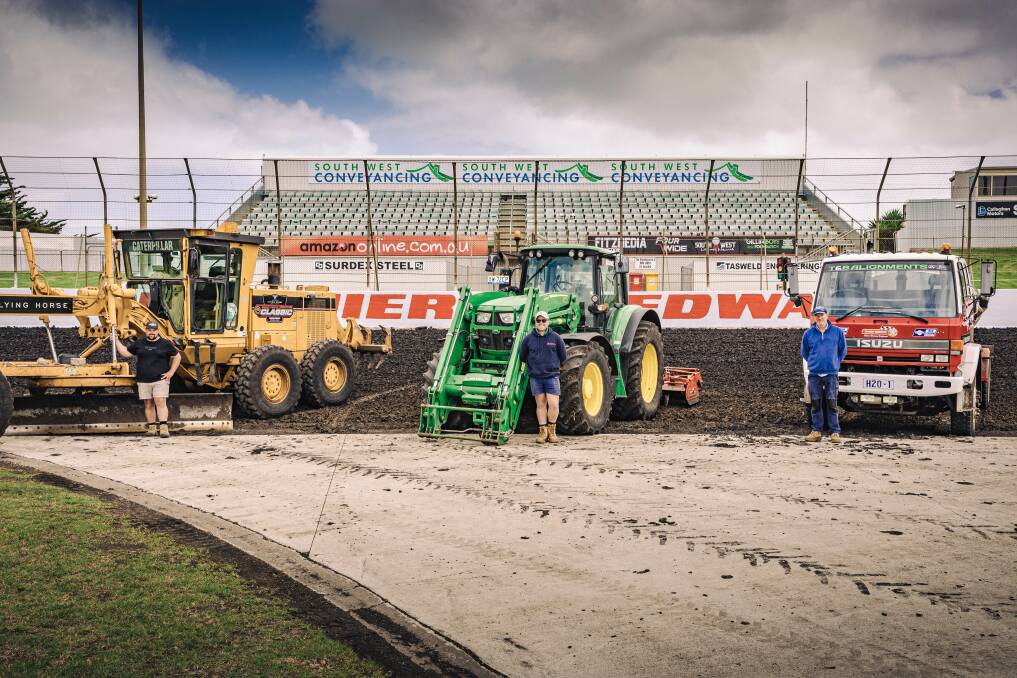 Premier Speedway track curators Rik Stewart, Callum Rowe and Gavin Lake are putting in long hours at the track ahead of the classic. Picture by Sean McKenna