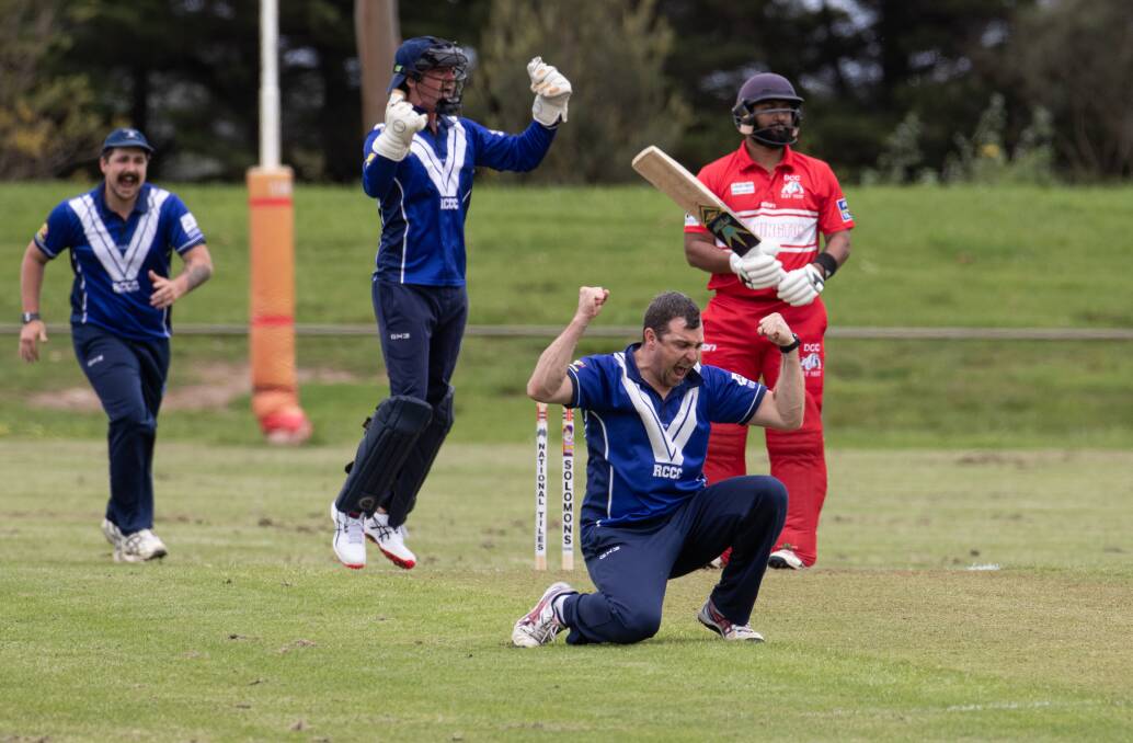 Craig Britten (second from right) is back taking wickets for reigning premier Russells Creek after recovering from a broken leg. Picture by Sean McKenna