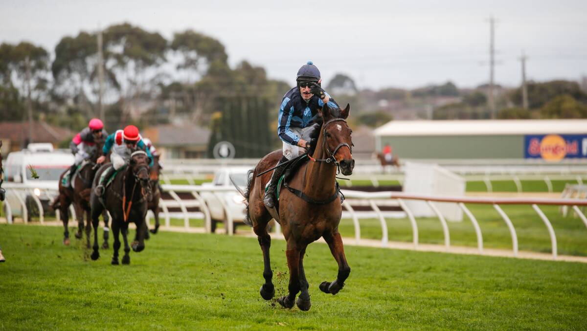 BY A LONG SHOT: Flying Agent and jockey Lee Horner cruise to victory in the Thackeray Steeplechase at Warrnambool. Picture: Anthony Brady