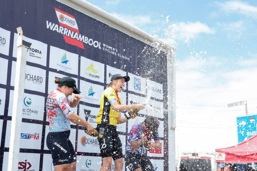 Warrnambool Women's Classic podium-getters Chloe Hosking, Sophie Edwards and Matilda Raynolds on Sunday. Picture by Anthony Brady