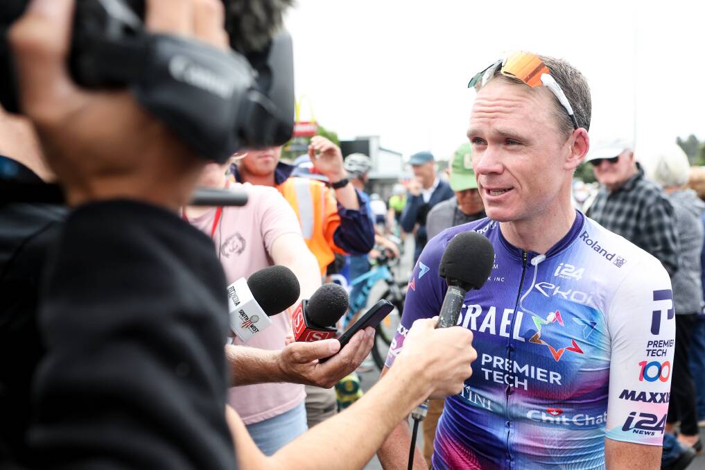 Chris Froome speaks with media after contesting the Melbourne to Warrnambool Cylcing Classic. Picture by Anthony Brady
