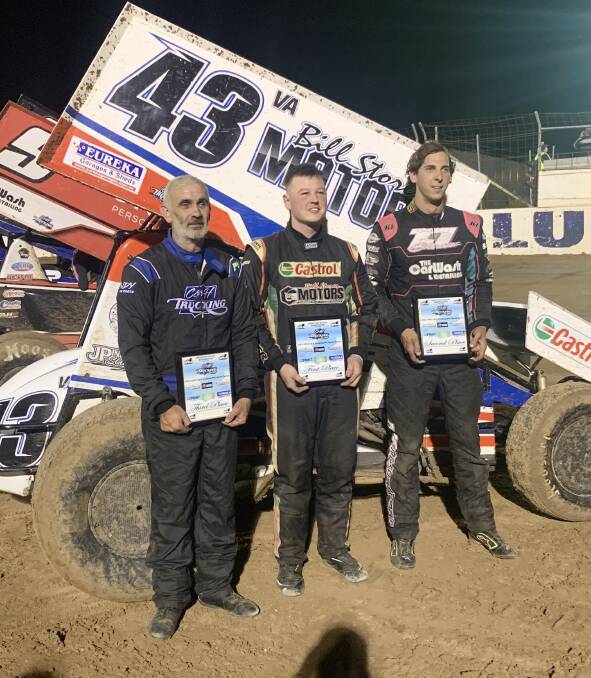 Portland's Daniel Storer (middle) celebrated his first win in a sprintcar on Saturday. Picture supplied