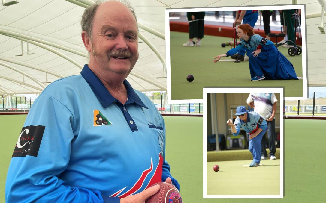 FAMILY AFFAIR: John Gherashe (main, insert bottom) has been joined at Terang Bowling Club by daughter Filumena (insert, top) this season. Pictures: Meg Saultry, Emma Stapleton, Chris Doheny