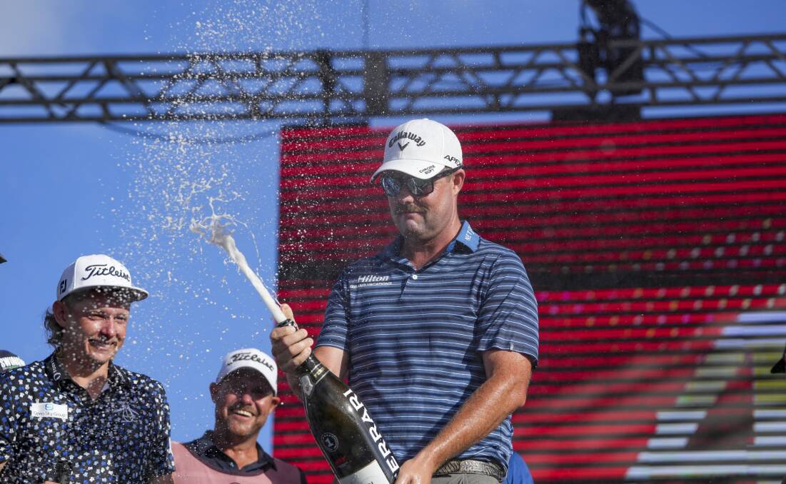 Marc Leishman celebrates a podium finish in LIV Golf's team championships in Miami on Sunday. Picture by Getty Images