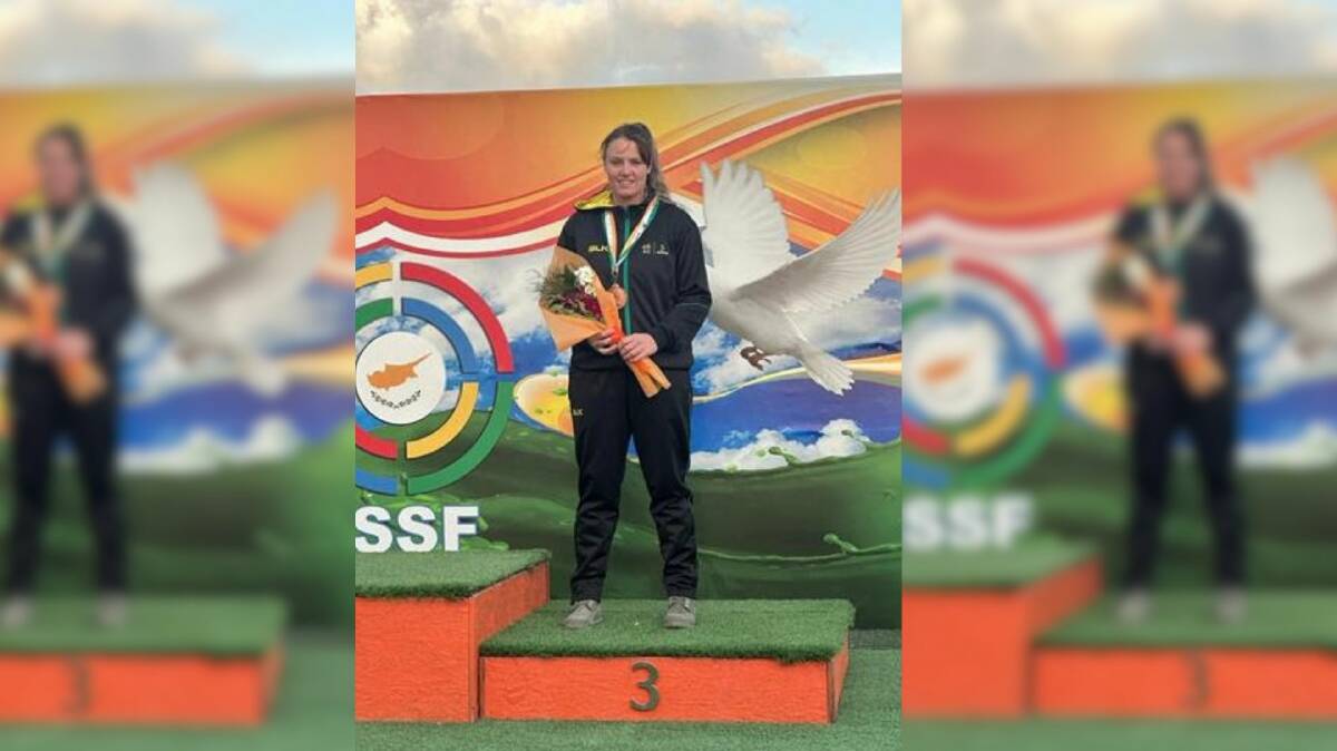 Penny Smith celebrates a bronze medal at the Cyprus ISSF Shotgun World Cup on Saturday.