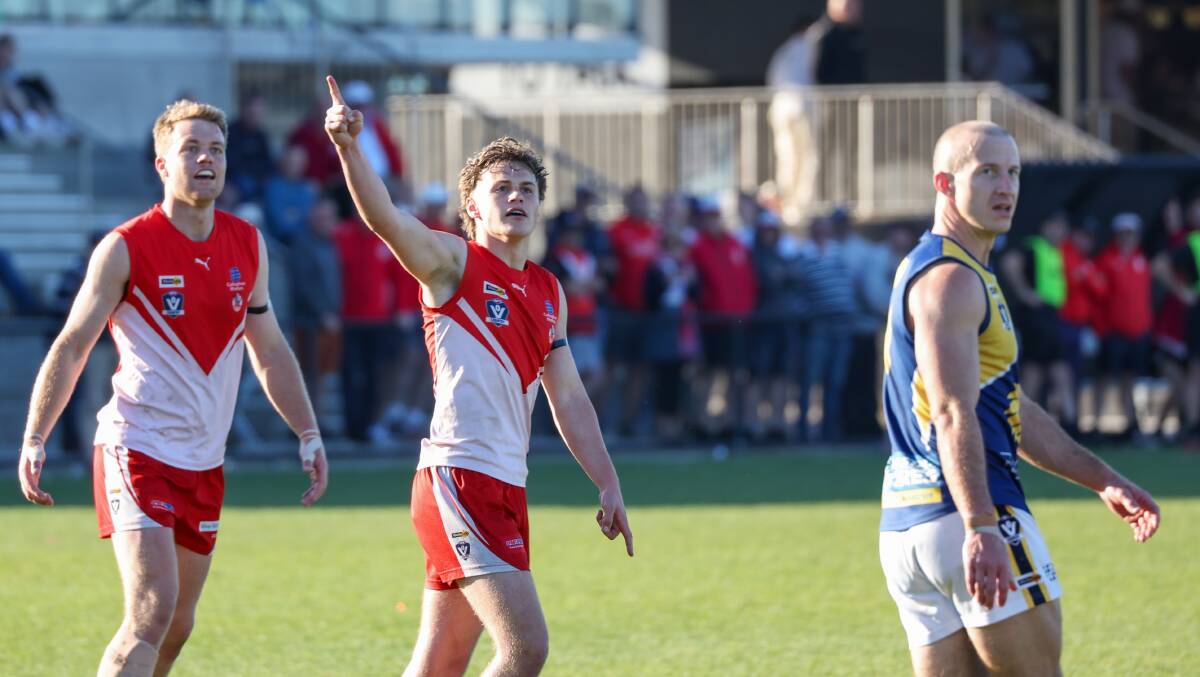 Archie Stevens celebrates a fourth-quarter goal for South Warrnambool. Picture by Eddie Guerrero