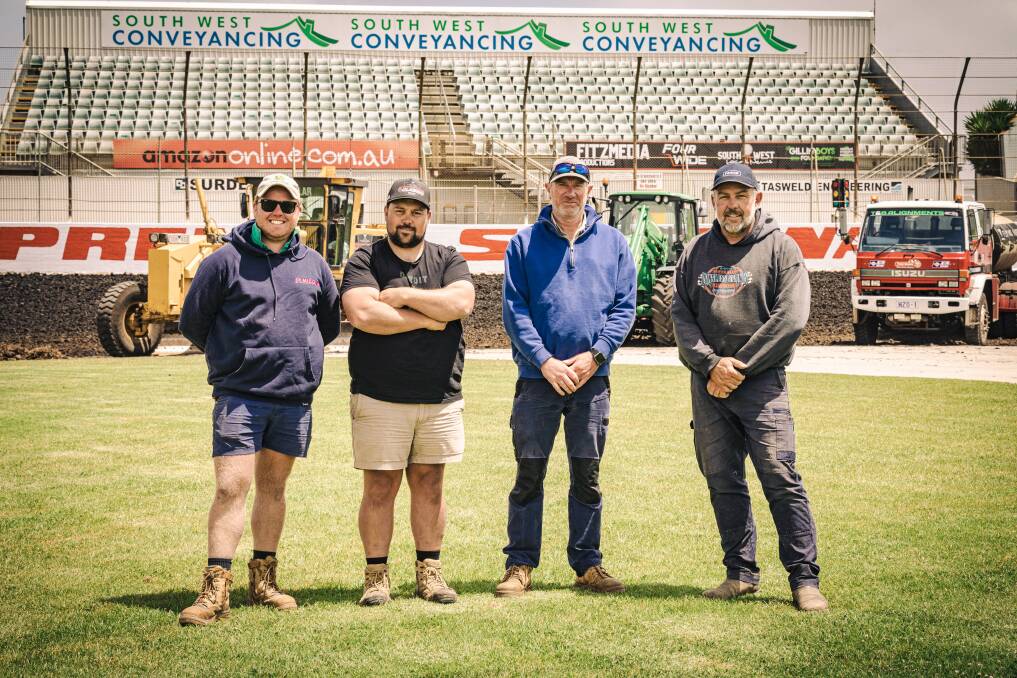 Premier Speedway track curators Callum Rowe, Rik Stewart and Gavin Lake with club vice president Rob Paton ahead of the Grand Annual Sprintcar Classic. Picture by Sean McKenna