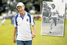 Laurie Heffernan ahead of the Terang Gift; (inset) Heffernan in 1973 winning the one-mile final at the Stawell Gift. Main picture by Sean McKenna
