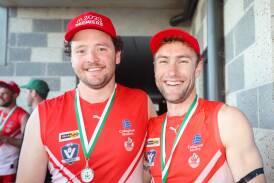 Brothers Sam and Nick Thompson were all smiles after winning their second premiership with South Warrnambool. Picture by Sean McKenna