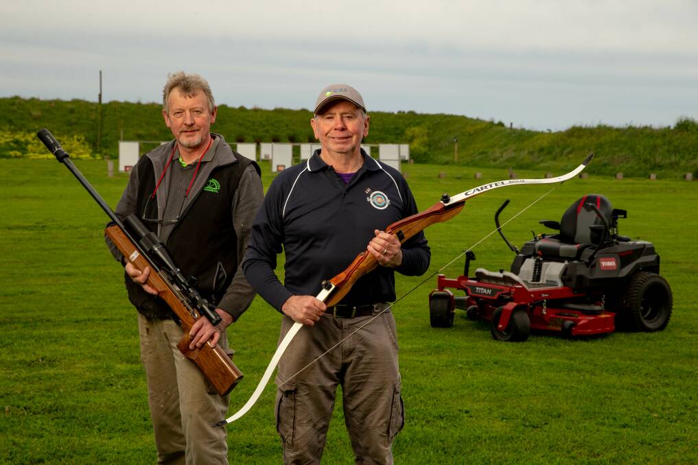 Warrnambool Small Bore Rifle Club's Chris Preston and Archers of Warrnambool committee member Jim Burrell at the Warrnambool Target Sports Centre. Picture by Chris Doheny