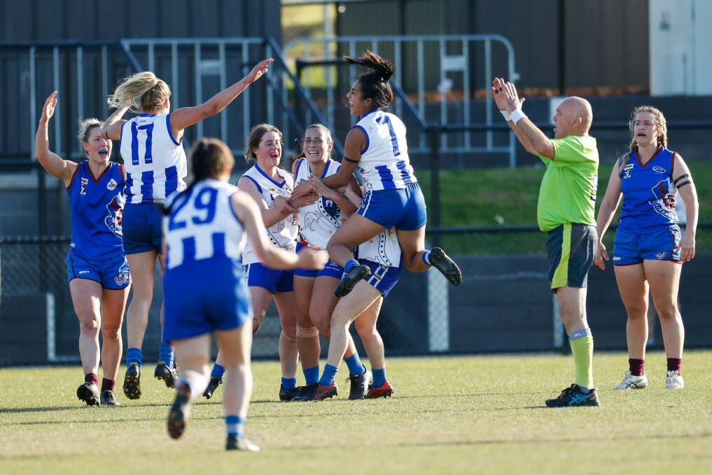 Hamilton celebrates a goal during the Western Victoria Female FOotball League grand final.