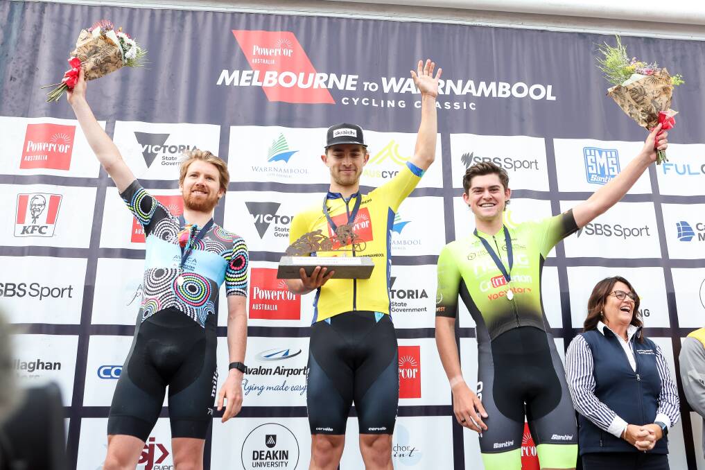 Bailey McDonald (right) on the podium for the 2023 Melbourne to Warrnambool Classic. Picture by Anthony Brady