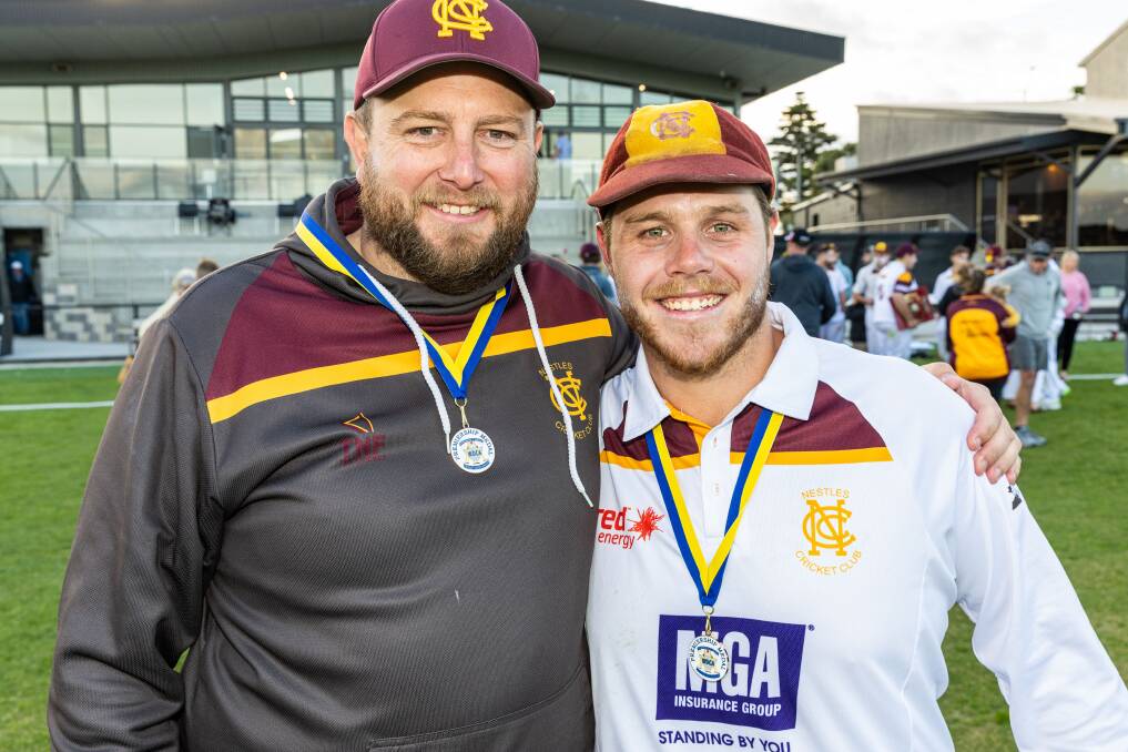 Nestles coach Alex Strauch (left) celebrates the club's 2022/23 division one premiership with skipper Jacob Hetherington last month. Picture by Sean McKenna