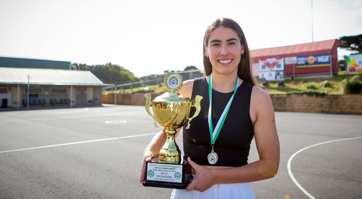 South Warrnambool's Ally O'Connor with her second Dot Jenkins trophy. Picture by Anthony Brady