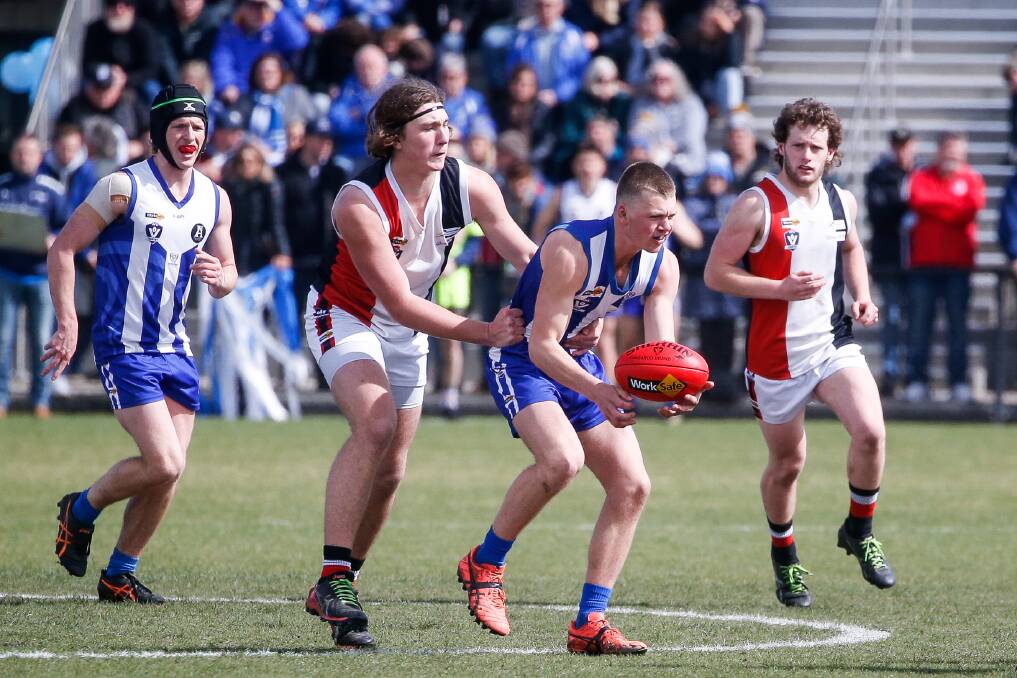 Hamilton Kangaroos and Koroit fight it out during the Hampden league under 18.5s grand final in September. Picture: Anthony Brady