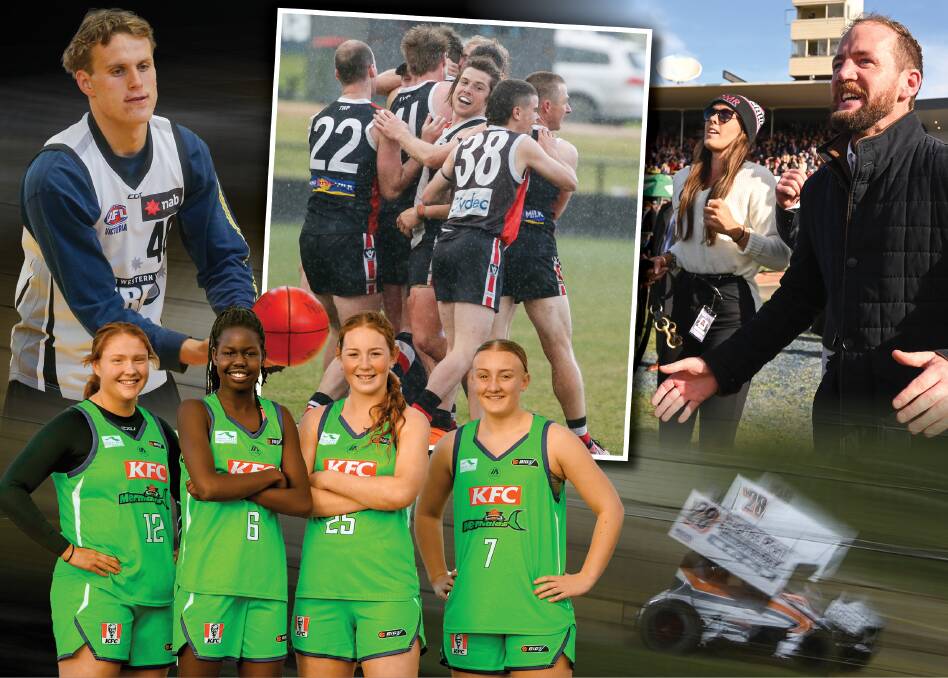 Clockwise from top: George Stevens, Koroit players celebrate a seventh-straight flag, Ciaron Maher wins the 2022 Grand Annual Steeplechase, a sprintcar in action at Premier Speedway, Warrnambool Mermaids' Keele Hillas, Cigi Lual, Matilda Sewell and Molly McLaren.