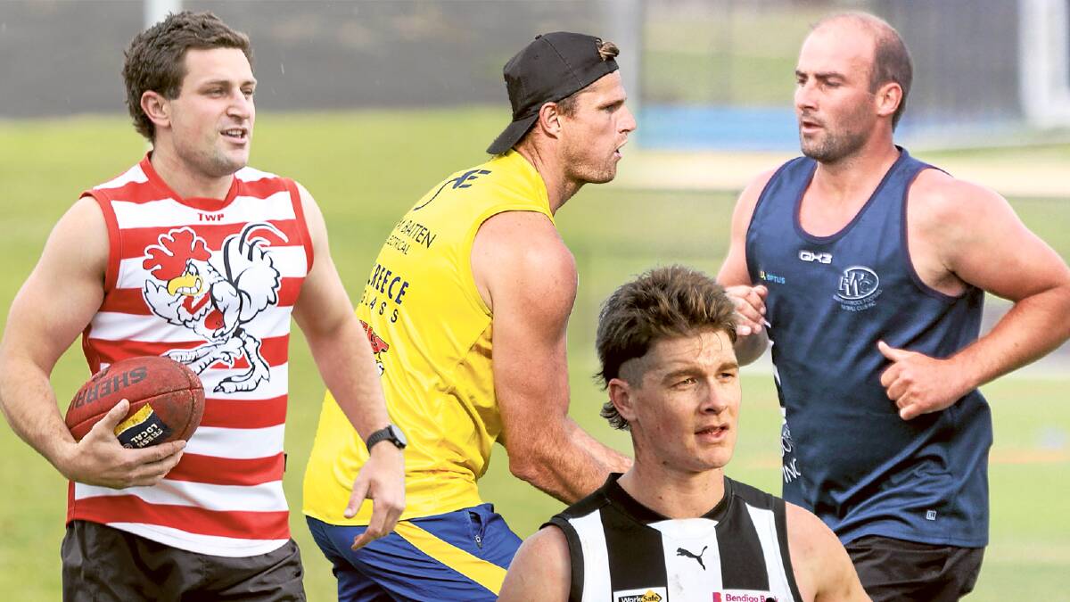 (Left-to-right) South Warrnambool's Paddy Anderson, North Warrnambool Eagles playing coach Nathan Vardy, Camperdown's Riley Arnold and Warrnambool recruit Ben Cunnington. Pictures by Eddie Guerrero, Meg Saultry