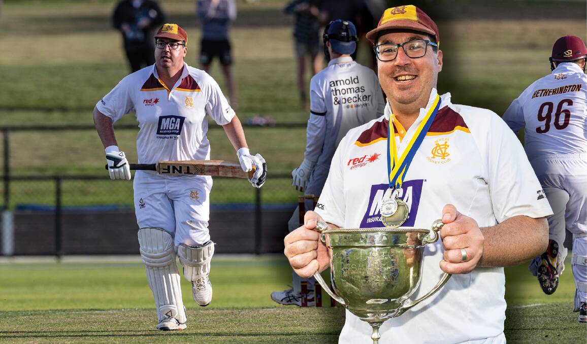 Nestles' Geoff Williams in action during the 2022-23 division one grand final; (right) with the premiership cup. Pictures by Sean McKenna