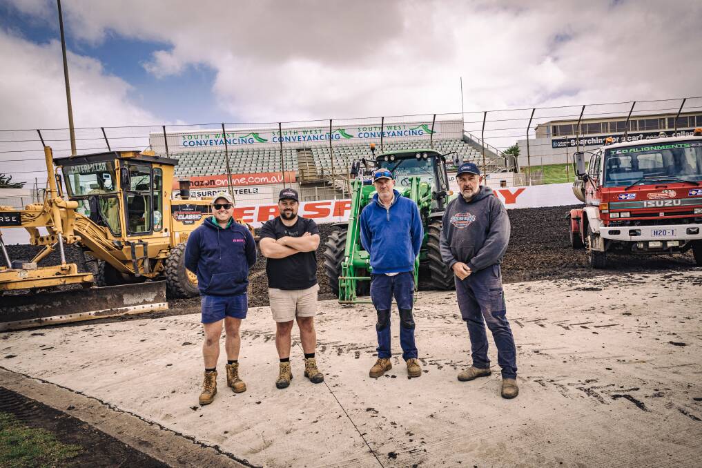 Premier Speedway track curators Callum Rowe, Rik Stewart and Gavin Lake, along with club vice president Rob Paton, are ready for a big three days of racing at the Grand Annual Sprintcar Classic. Picture by Sean McKenna