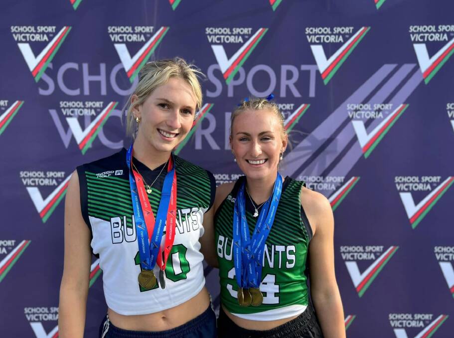 Warrnambool College students and DPS teammates Grace Carter and Layla Watson both won gold medals at the SSV Track and Field Championships in Melbourne on Monday. Picture supplied