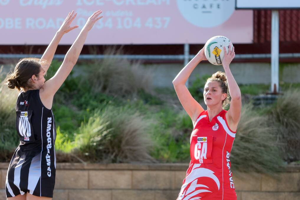 South Warrnambool's Annie Blackburn looks for the right option against Camperdown earlier this season. Picture by Anthony Brady