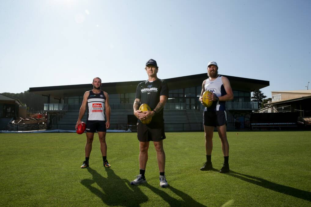BACK HOME: Tom Ludeman (left), coach Ben Parkinson (middle) and Dan Weymouth (right) were excited to return home for training on Monday night. Picture: Chris Doheny