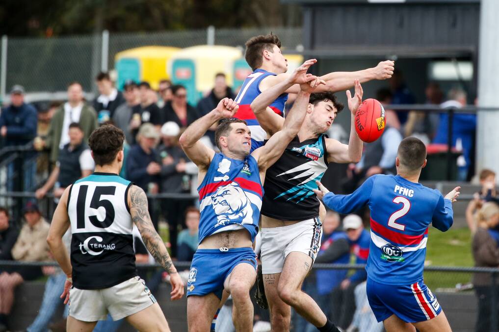 The pack flies for the ball at the Reid Oval during the blockbuster preliminary final clash between Kolora-Noorat and Panmure. Picture by Anthony Brady