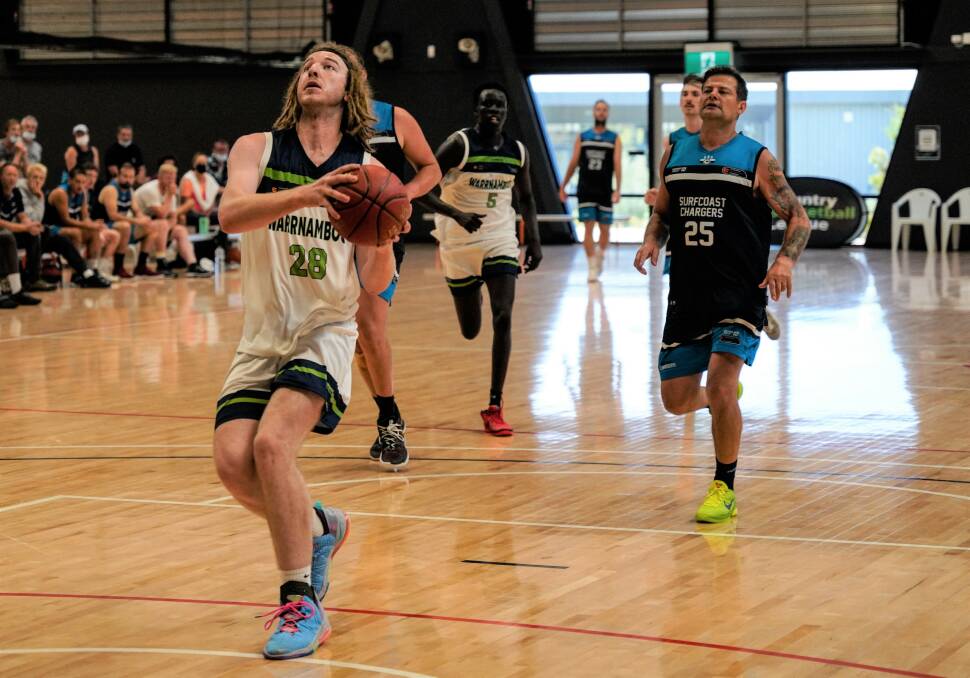 FINALS BOUND: Warrnambool Seahawks' Ben Walters charges towards the basketball ring against Surfcoast Chargers in Torquay. Picture: Larry Lawson
