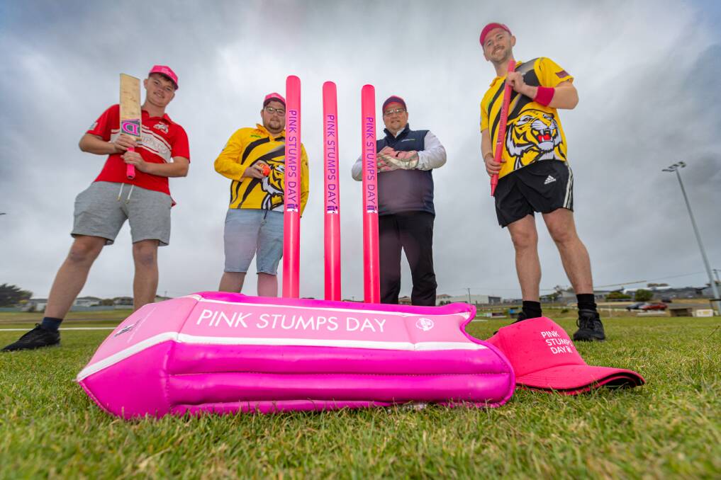 Dennington's Will Bellman, pictured with Merrivale's Brad Pearson, Daniel Pearson and Nick Sinnott. The clubs will feature in the Pink Stumps Day across the next two rounds. Pictures by Eddie Guerrero