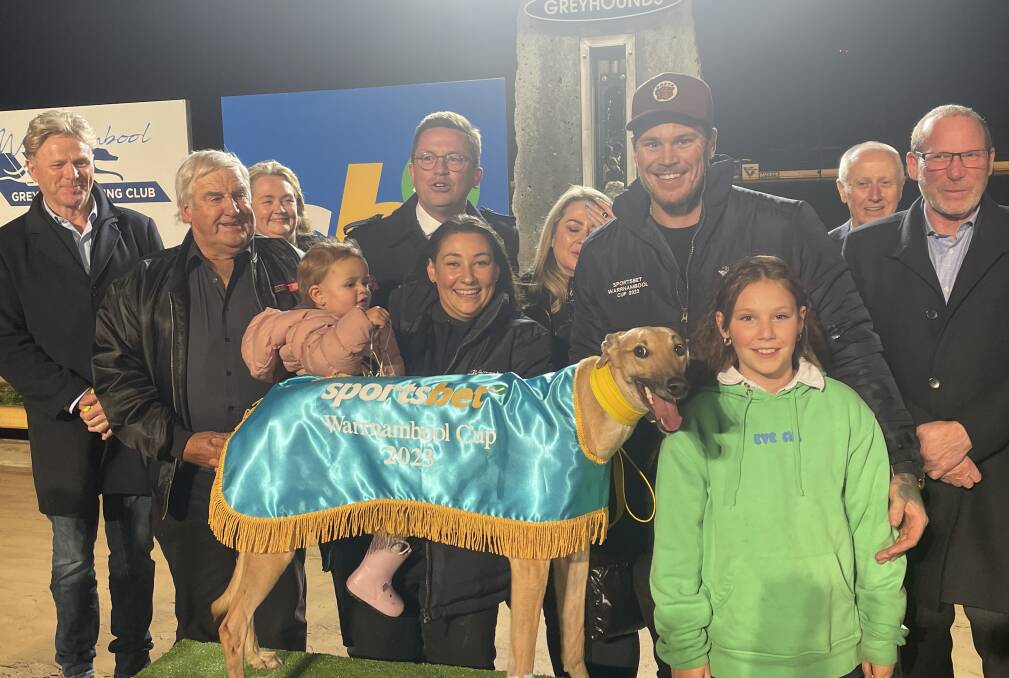 Winning trainer Daniel Gibbons with Kelsey Bale and connections after winning the Warrnambool Cup on Wednesday night.