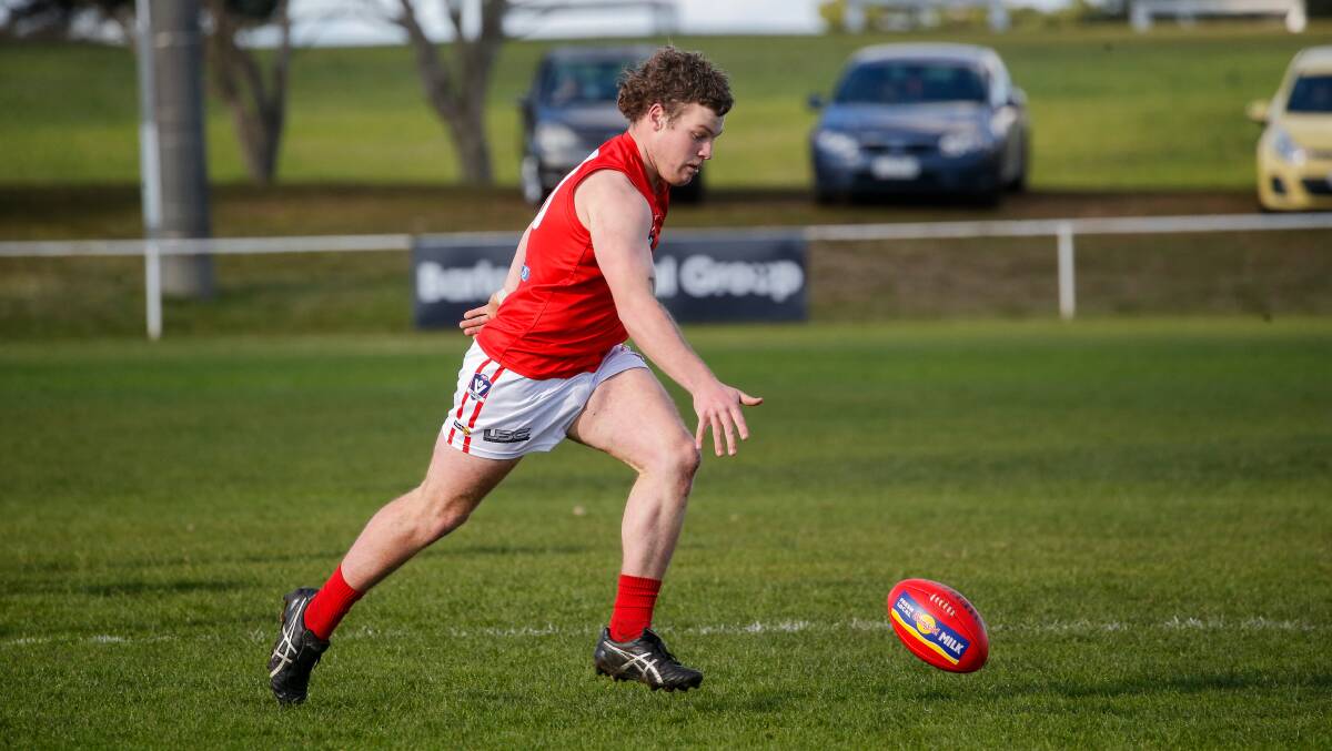 Dennington's Tom Noonan, pictured last season, kicked eight for the Dogs. Picture by Anthony Brady