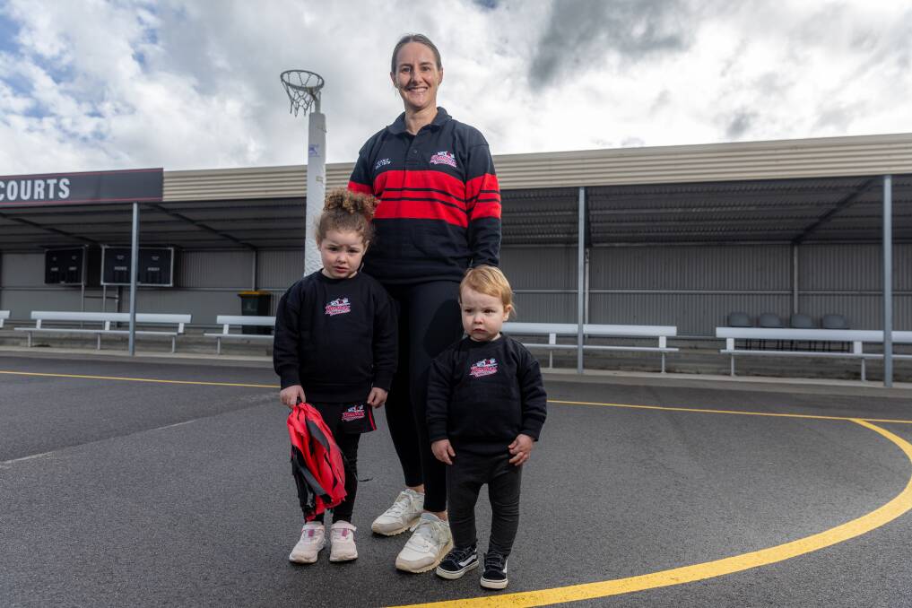 Cobden division one netball captain Helene Foster with daughter Emilia, three and son Jack, 20 months. Picture by Eddie Guerrero 