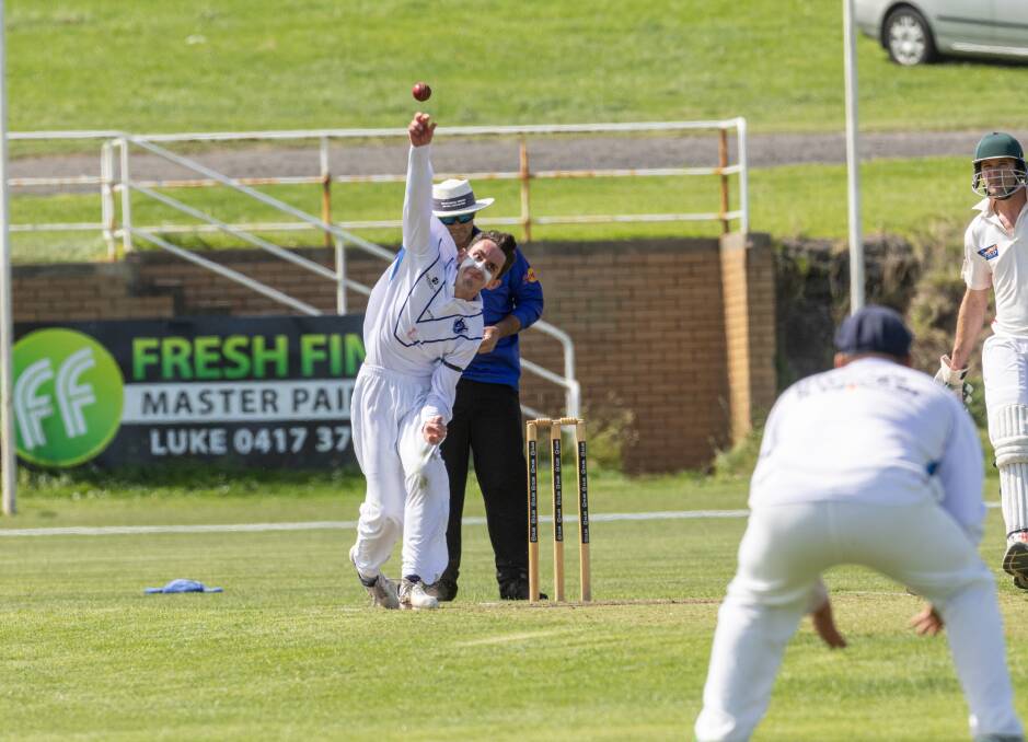 Russells Creek bowler Blake Evans sends one down at Merrivale Oval against Dennington. Pictures by Sean McKenna
