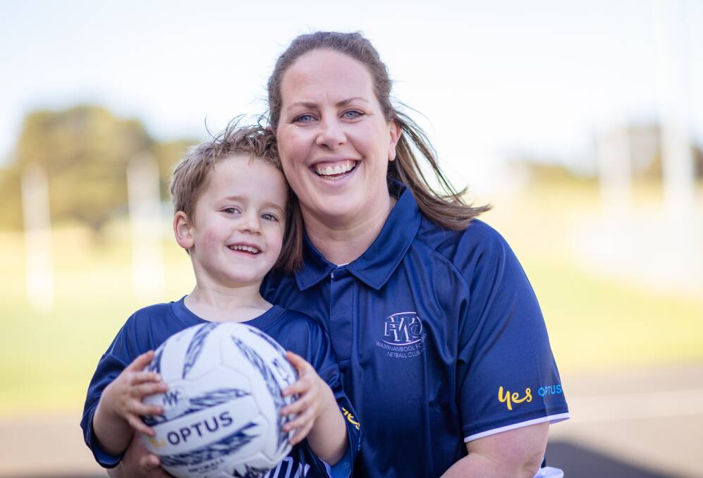 Warrnambool coach Kate Lindsey with her son Billy at Reid Oval. Picture by Sean McKenna