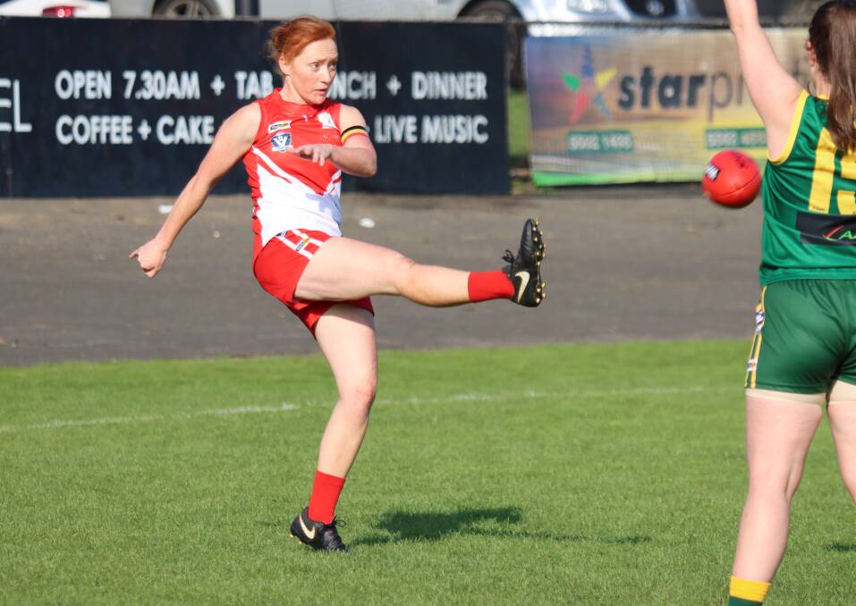 FINALS TIME: South Warrnambool's Tara-Lee Boyce kicks the ball against Tyrendarra earlier this season. Picture: Justine McCullagh-Beasy