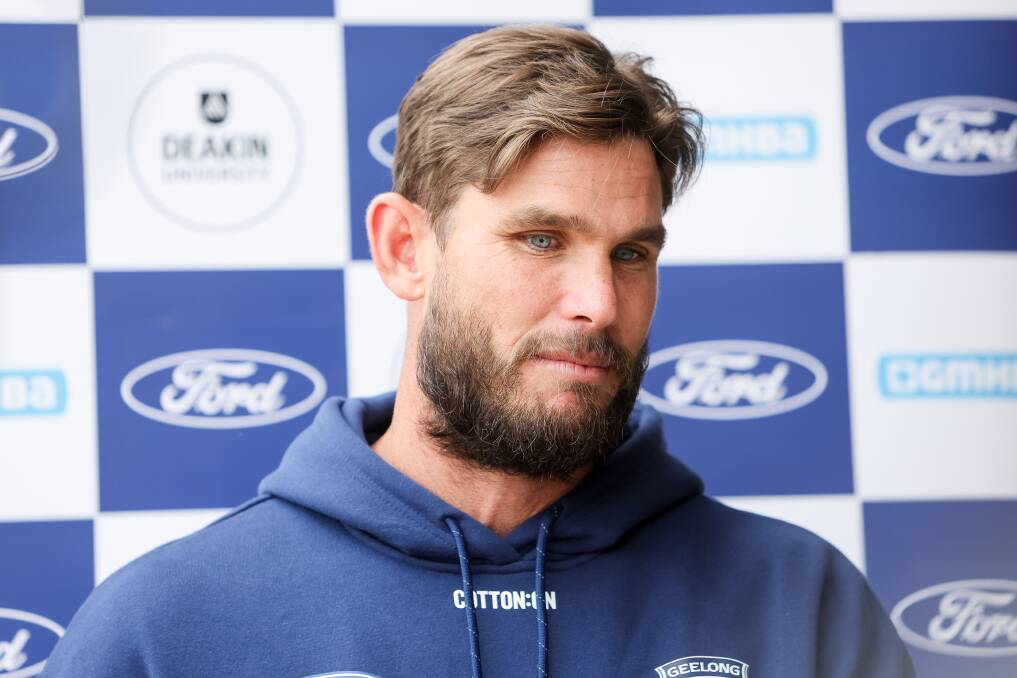 Geelong superstar Tom Hawkins fronts the media at Reid Oval in Warrnambool. Picture by Anthony Brady