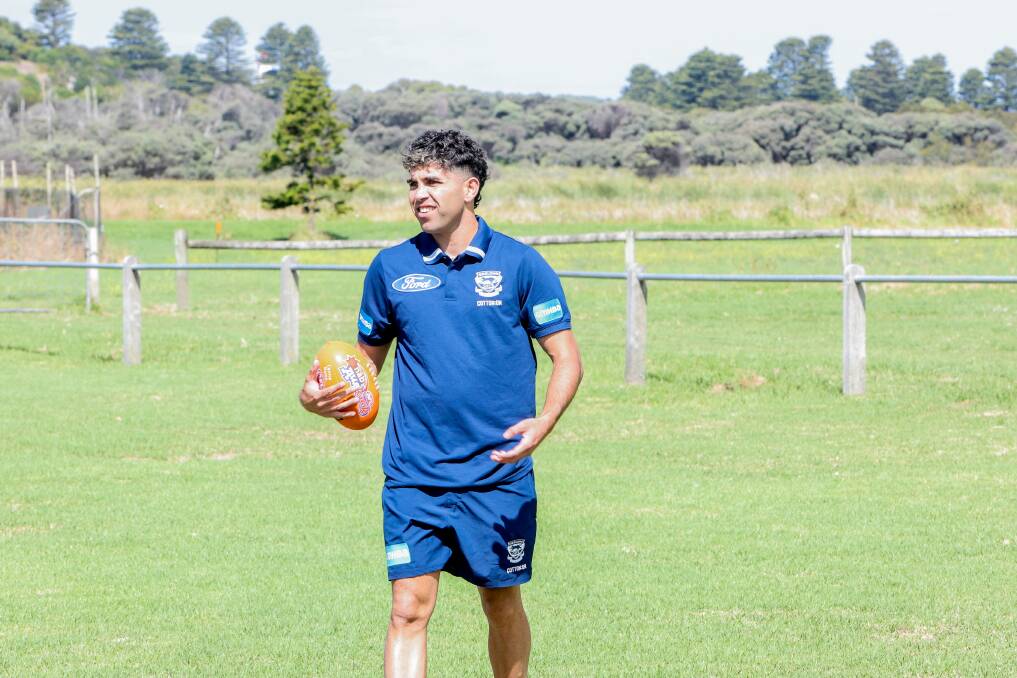 Geelong forward Tyson Stengle during the club's Indigenous clinic at Harris Street Reserve in Warrnambool. Picture by Anthony Brady
