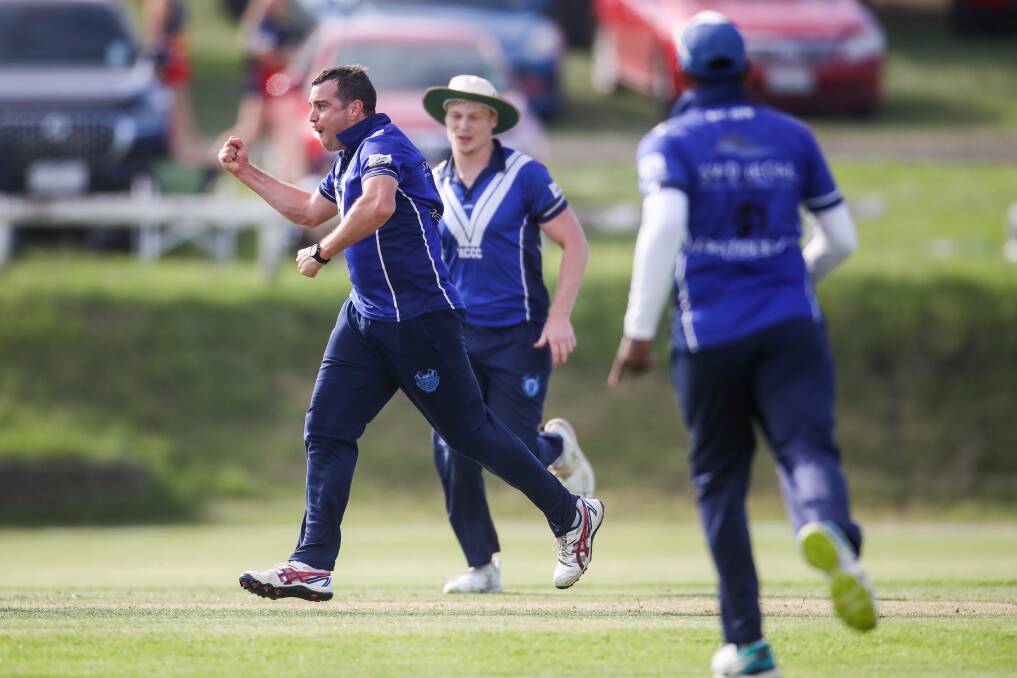 Craig Britten celebrates a wicket for Russells Creek in the 2021-22 grand final against North Warrnambool Eels.