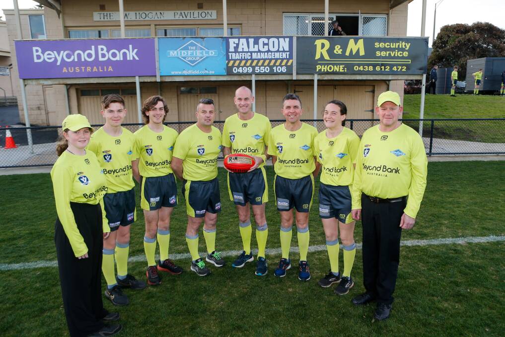 WDFNL senior football umpires Zoe Fitzharding, Liam Wiese, Kyle Hutchins, Gavin Sell, Andrew Lougheed, Mick Lowther, Caitlin Kavanagh and Darren Wilkinson. Picture by Anthony Brady
