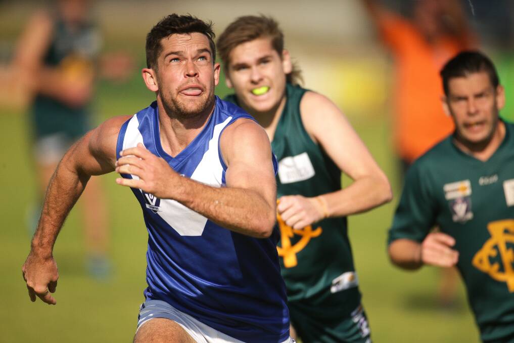 FOCUSED: Russells Creek's Daniel Nicholson tracks the footy closely against the Warriors. Picture: Chris Doheny